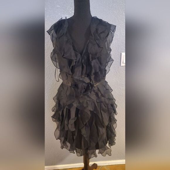 Marchesa Notte Black Silk Ruffle Mini Dress Elegant Party Cocktail Dress - Picture 2 of 15
